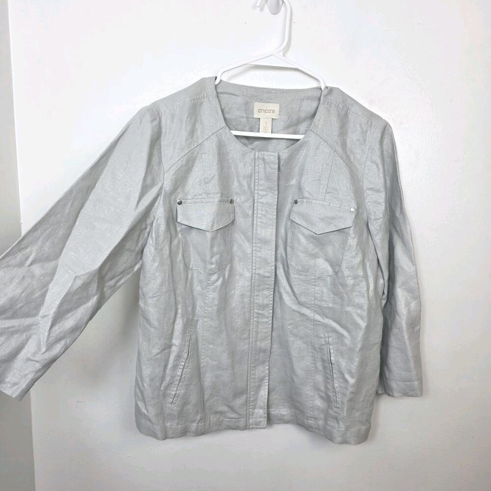 Chico's Silver 100% Linen 3/4 Sleeve Zip Up Quiet Luxury Going Out Jacket Sz 8